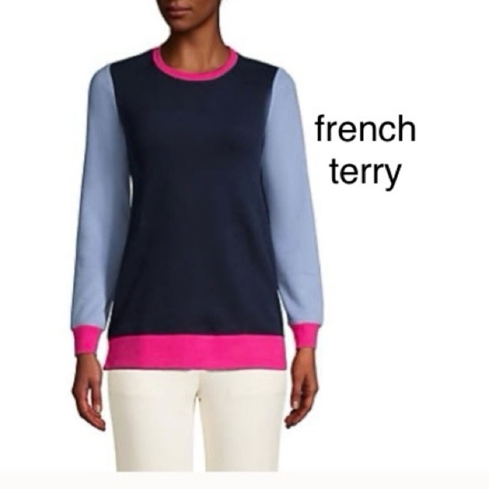 LANDSEND Wm Serious Sweats French Terry SWEATSHIRT TUNIC Radiant Navy Colorblock